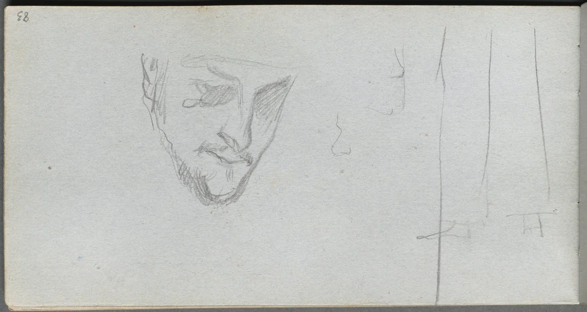 Sketchbook, page 83: Study of a Face, Legs by Ernest Meissonier, book, 1860-1869