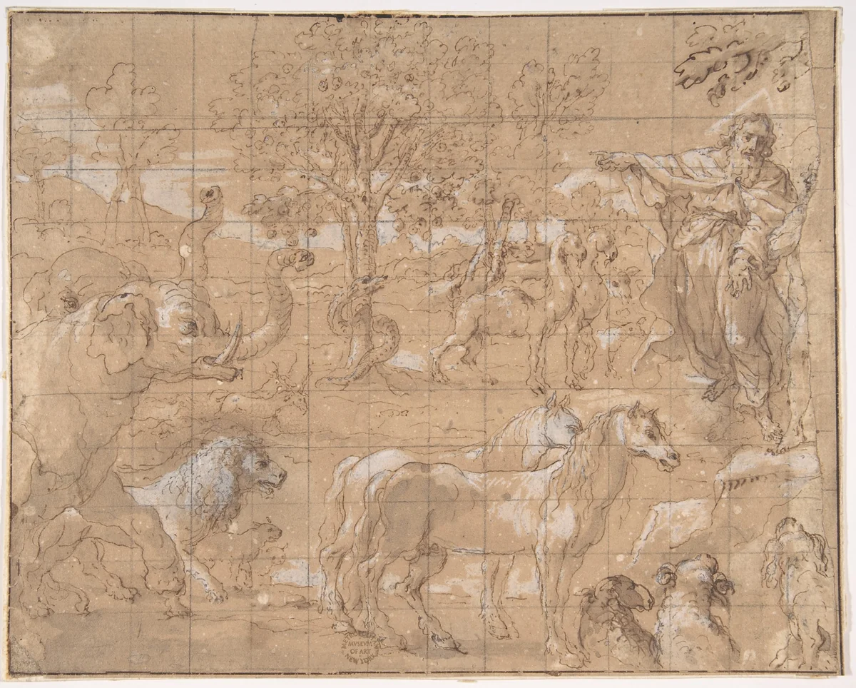 Garden of Eden; Creation of the Animals by anonymous, drawing, 1500-1599