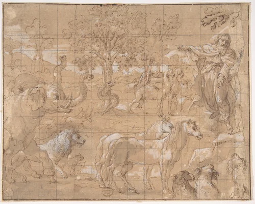Garden of Eden; Creation of the Animals by anonymous, drawing, 1500-1599