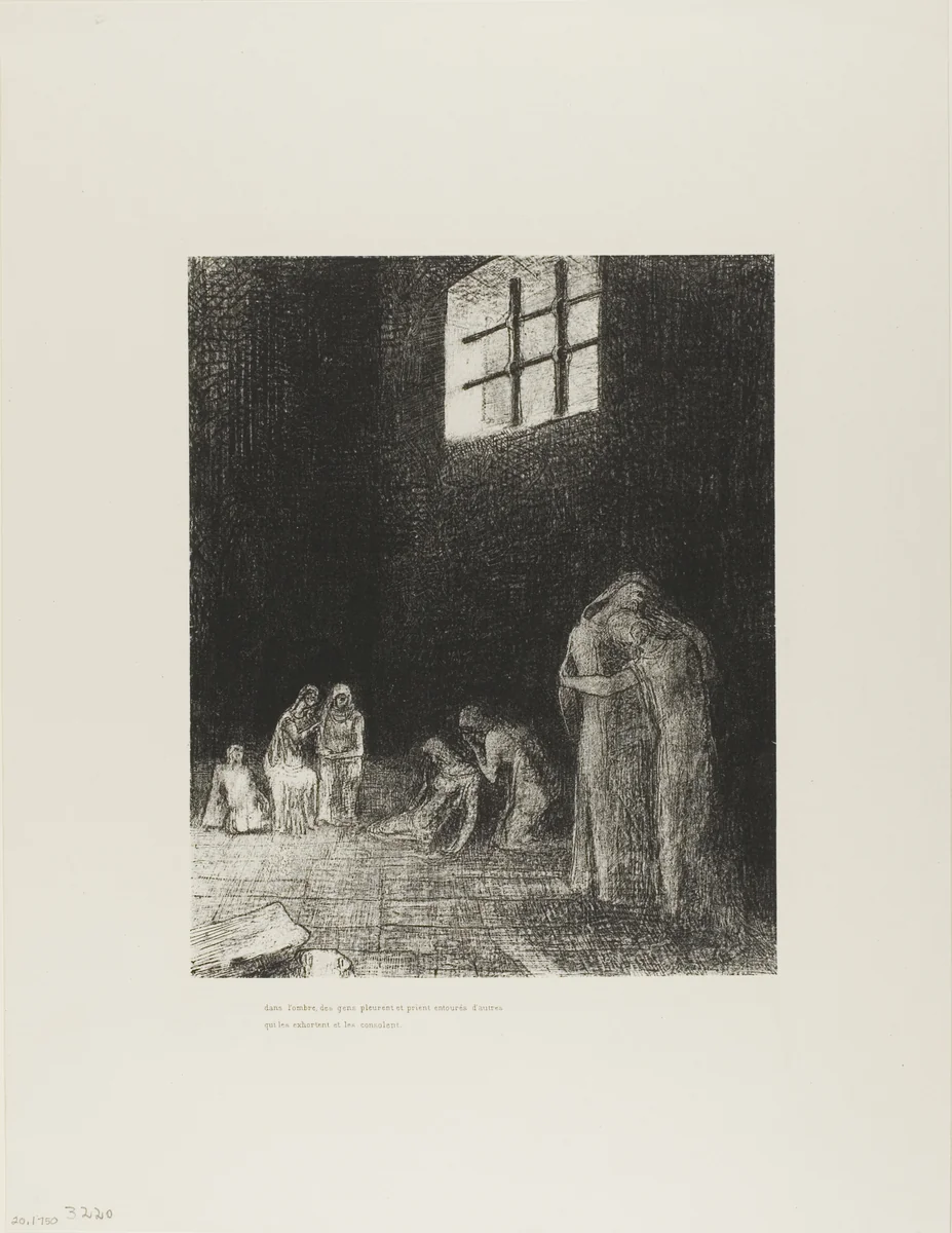 In the Shadow Are People, Weeping and Praying, Surrounded by Others Who Are Exhorting Them, plate 6 of 24 by Odilon Redon, print, 1896