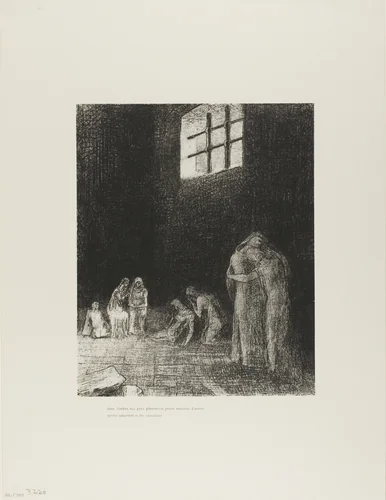 In the Shadow Are People, Weeping and Praying, Surrounded by Others Who Are Exhorting Them, plate 6 of 24 by Odilon Redon, print, 1896
