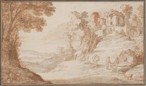 Classical Landscape with a Fountain by Paul Bril, drawing, 1554-1626
