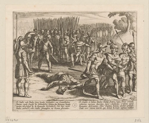 Claudius Civilis wordt gevangengenomen en zijn broer Paulus onthoofd, 69-70 by Antonio Tempesta, print, 1612