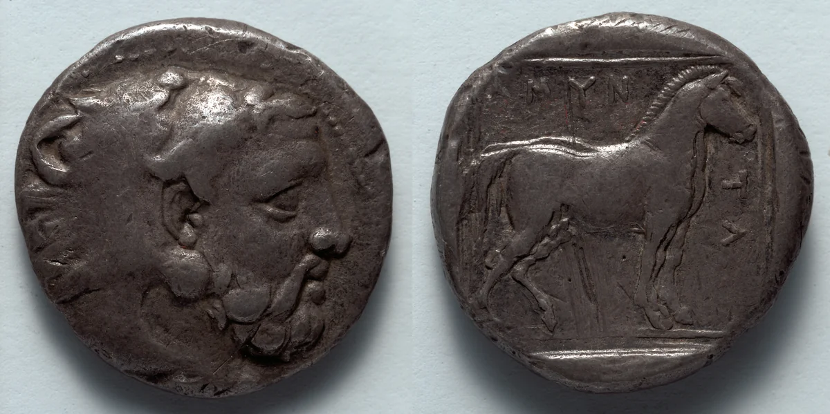 Stater: Head of Bearded Herakles (obverse); Horse (reverse) by Unknown, metalwork, -389--369