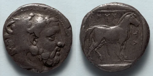Stater: Head of Bearded Herakles (obverse); Horse (reverse) by Unknown, metalwork, -389--369