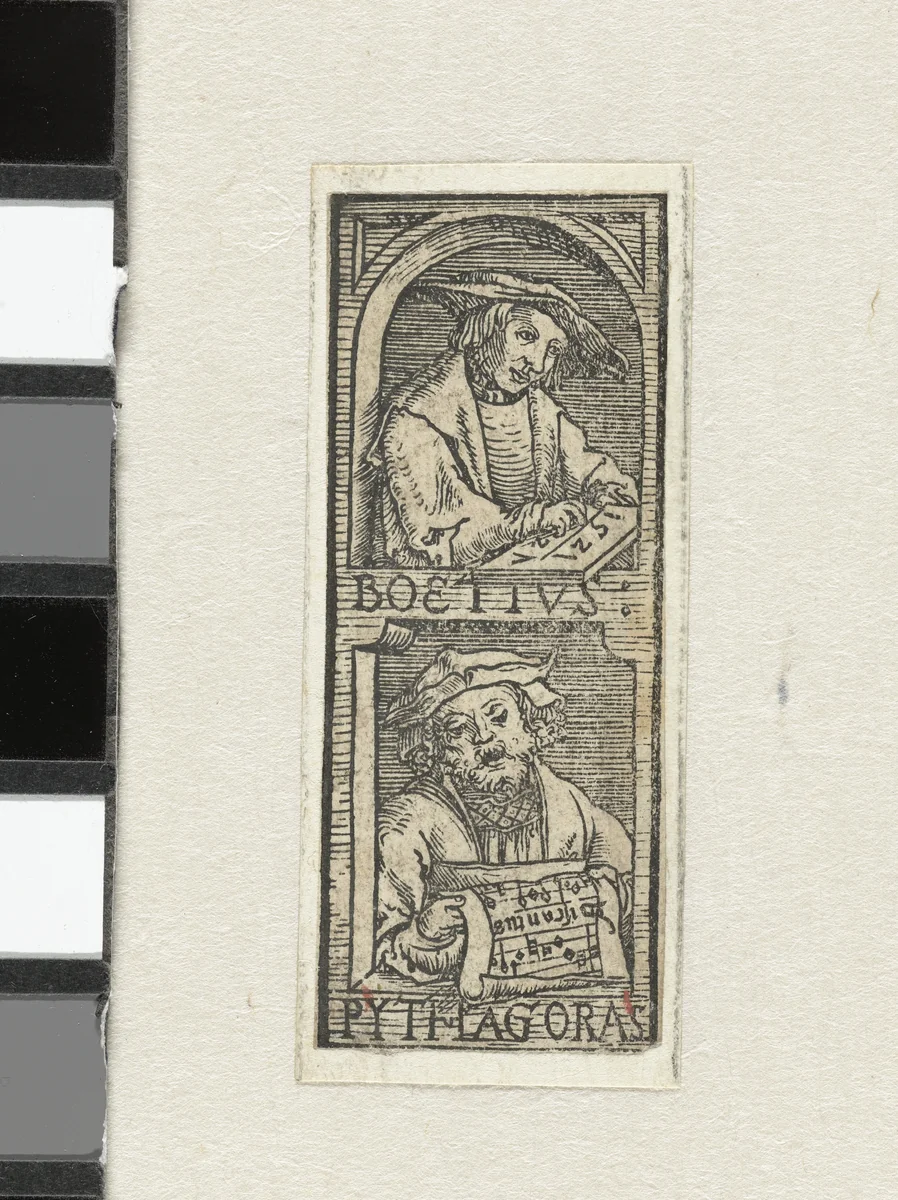 Boëthius en Pythagoras by anonymous, print, 1521