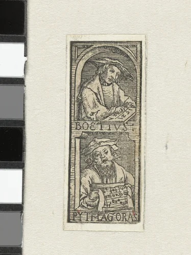Boëthius en Pythagoras by anonymous, print, 1521