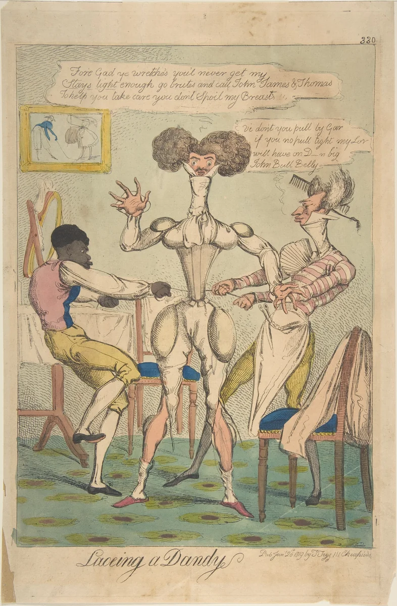 Laceing [sic] a Dandy by anonymous, print, 1819