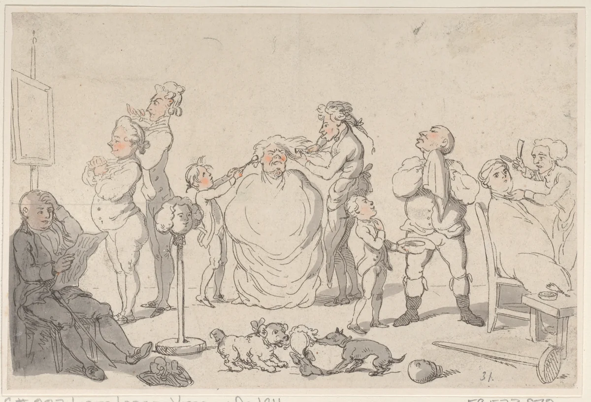 The Barber's Shop by Thomas Rowlandson, print, 1803