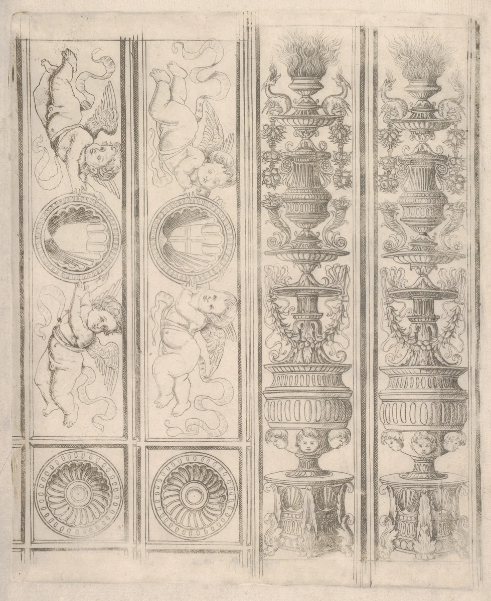 Sheet of border segments: two candelabra and two horizontal pieces with putti, two corners, from Life of the Virgin and Christ by Francesco Rosselli, print, 1490-1500