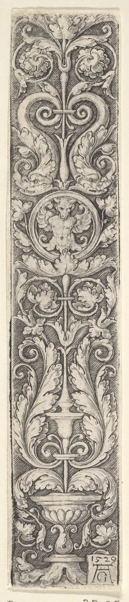 Vertical Panel with a Candelabrum Containing a Medallion with a Centaur and a Pair of Dolphins by Heinrich Aldegrever, print, 1529