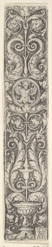 Vertical Panel with a Candelabrum Containing a Medallion with a Centaur and a Pair of Dolphins by Heinrich Aldegrever, print, 1529