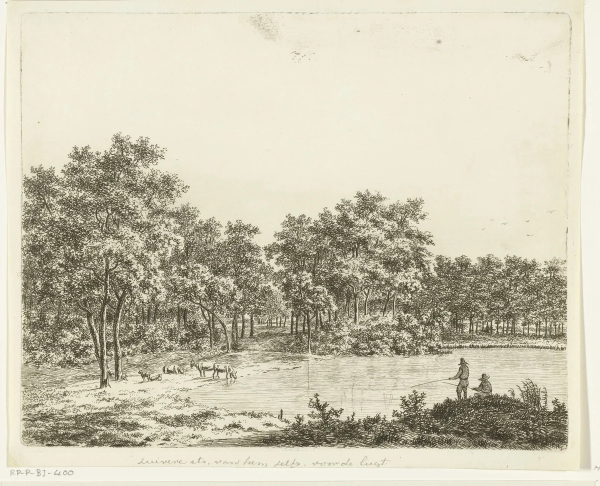 Landschap met vijver en twee hengelende vissers by Ernst Willem Jan Bagelaar, print, 1798-1818