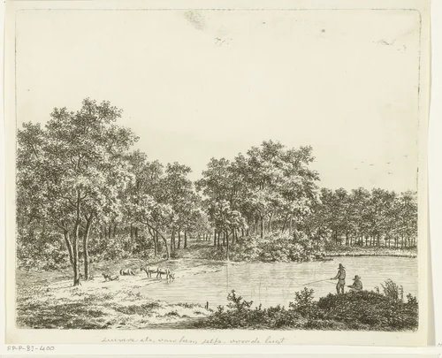 Landschap met vijver en twee hengelende vissers by Ernst Willem Jan Bagelaar, print, 1798-1818