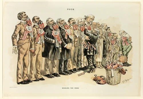 Muzzling the Press, from Puck by C. Jay Taylor
J. Ottmann, print, 1889