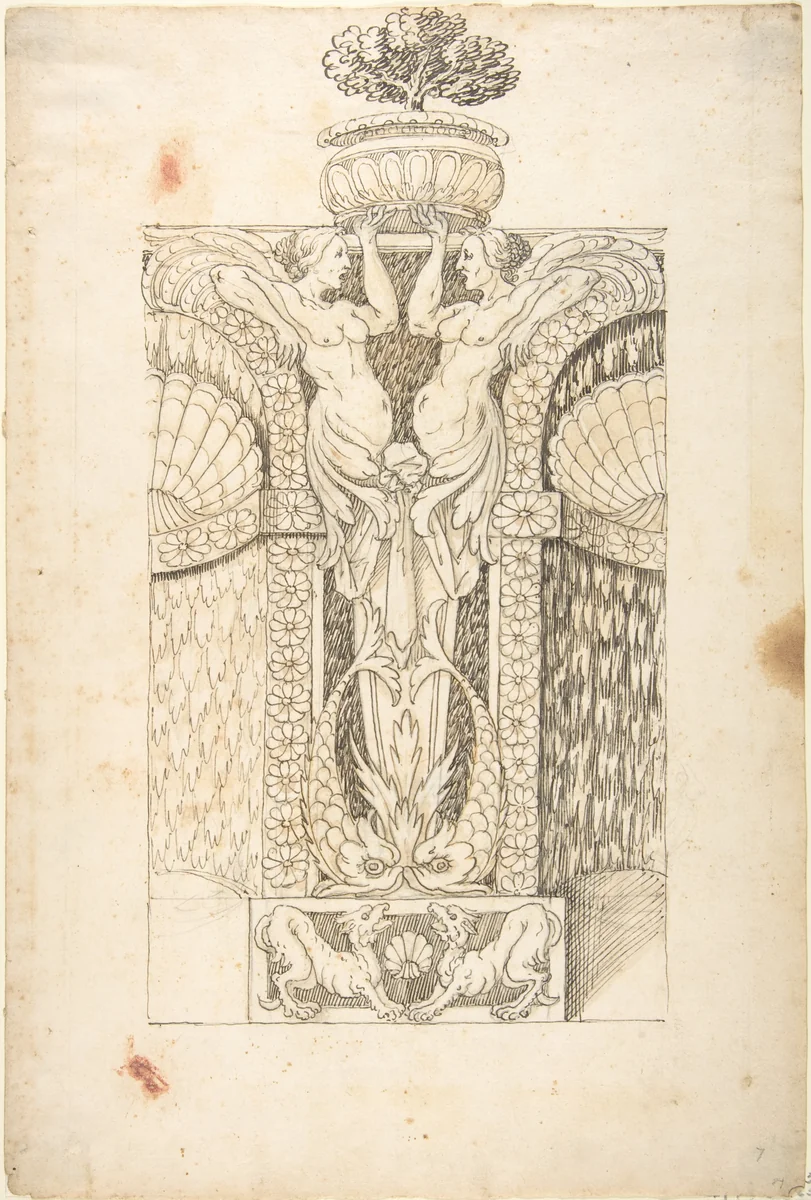 Design for a Wall Fountain by anonymous, drawing, 1550-1620