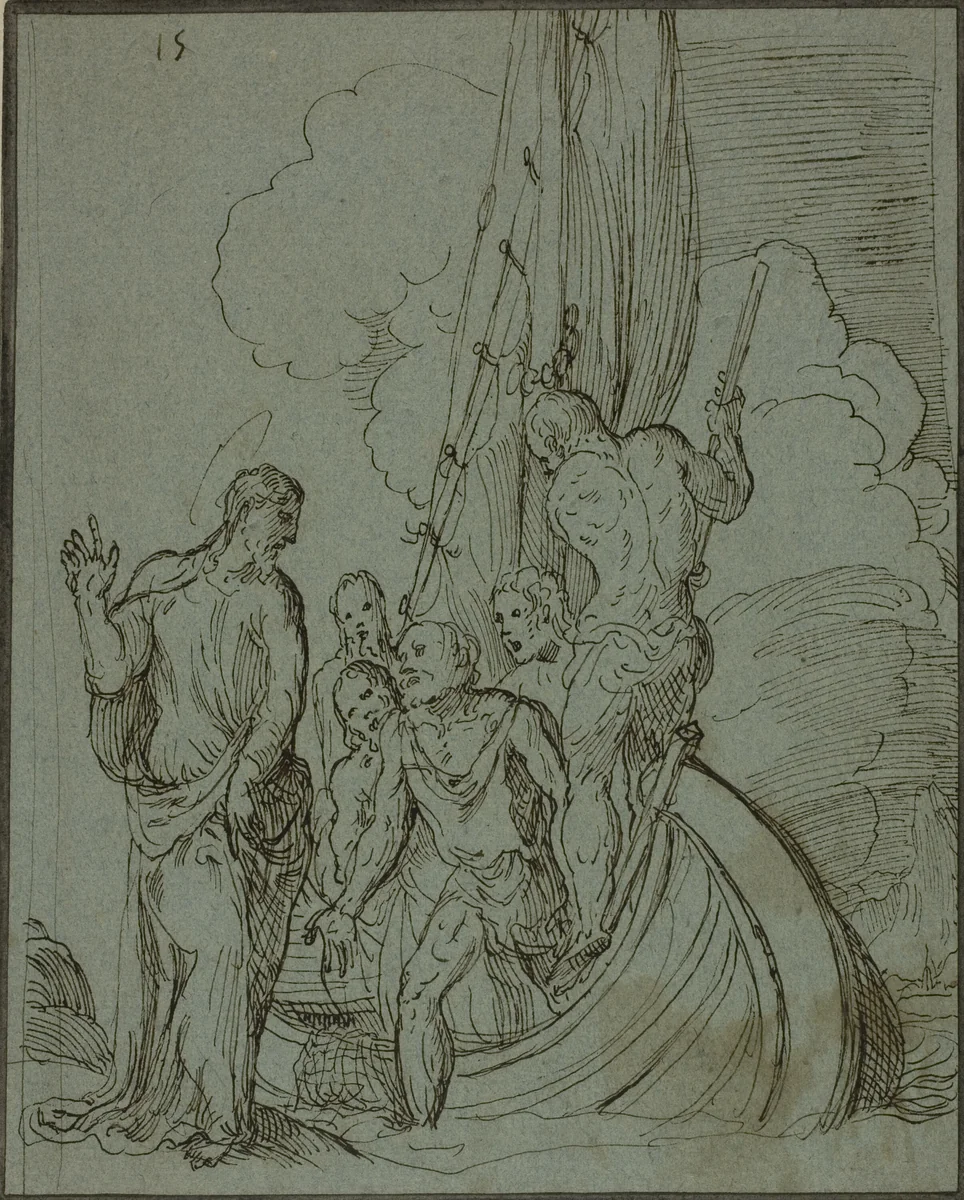 Christ Walking on the Water, Peter Following by Domenico Campagnola, drawing, 1545-1552