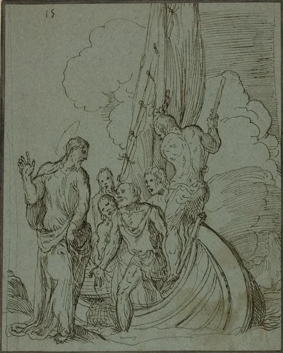 Christ Walking on the Water, Peter Following by Domenico Campagnola, drawing, 1545-1552