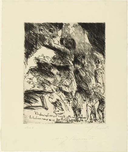 Father, this won't turn out well. We should stay away from the gang of soldiers (Vater, es wird nicht gut ablaufen, bleiben wir von dem Soldatenhaufen) for the illustrated book Wallensteins Lager (Wallenstein's Camp) by Lovis Corinth, print, 1922