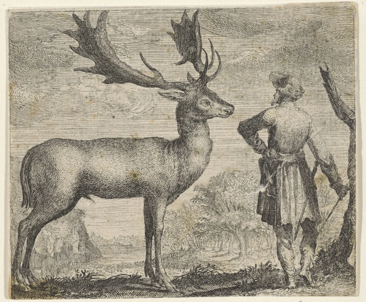 Fabel van de eland en de mens by Aegidius Sadeler, print, 1608