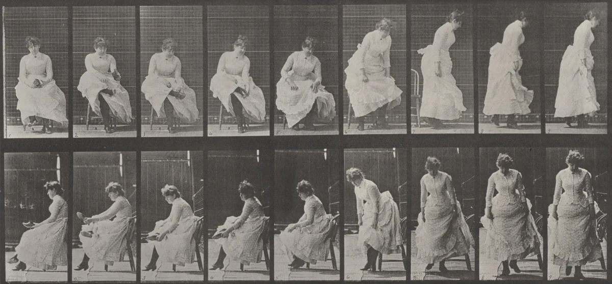Plate Number 422. Toilet, putting on shoes and rising from chair by Eadweard Muybridge, photograph, 1887