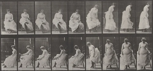 Plate Number 422. Toilet, putting on shoes and rising from chair by Eadweard Muybridge, photograph, 1887
