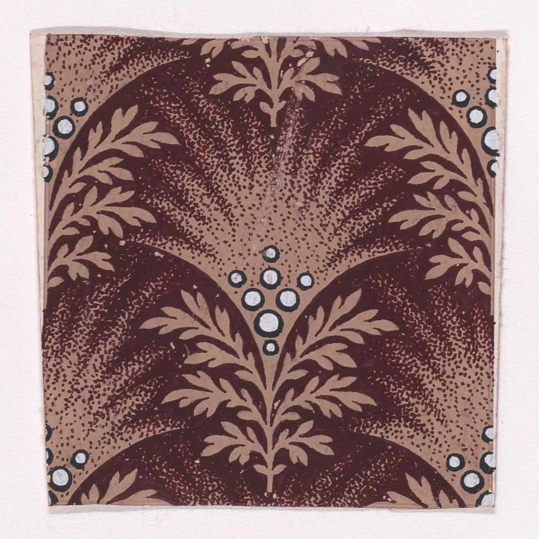 Textile Design with Alternating Palmettes Decorated with Pearls Flanked by Bundles of Leaves by anonymous, drawing, 1840