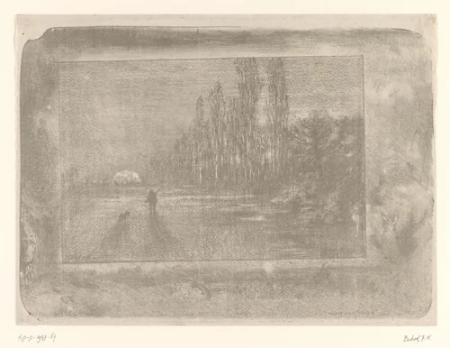 Jager met hond in een landschap bij zonsopkomst by Félix Hilaire Buhot, print, 1892
