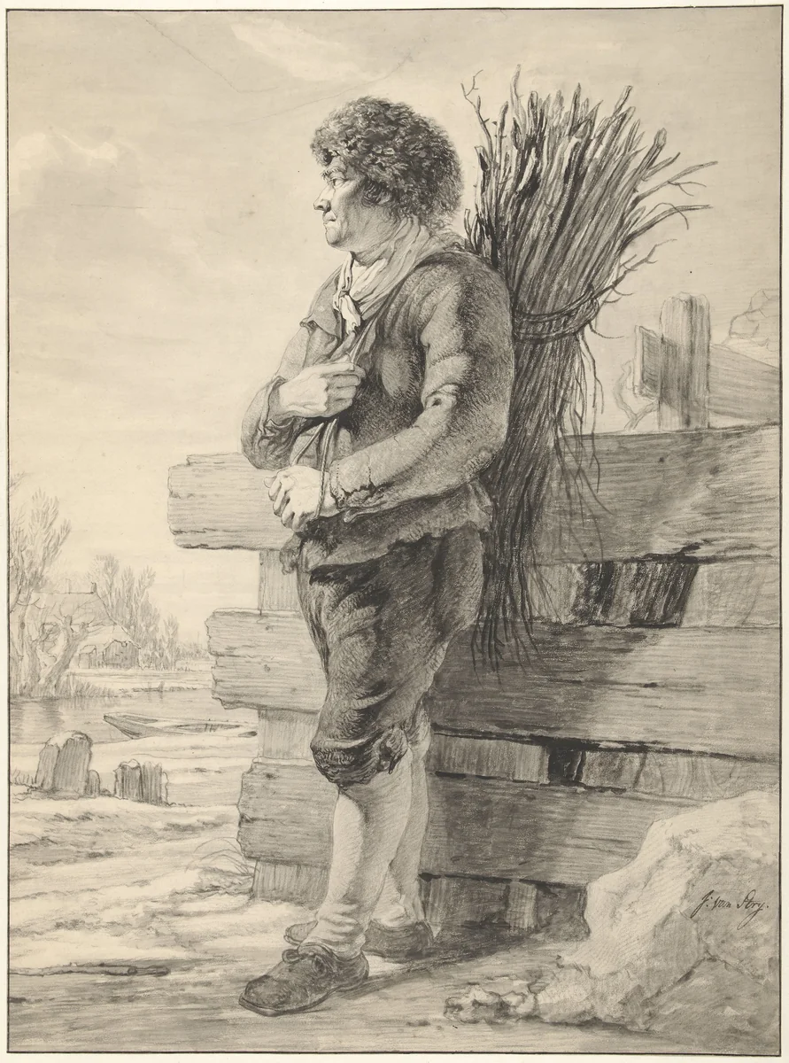Staande man met takkenbos op de rug by Jacob van Strij, drawing, 1766-1815