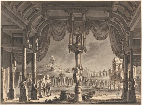 Stage Design of an Ancient Roman Encampment by Night (recto) by Pietro Gonzaga, drawing, 1787-1797