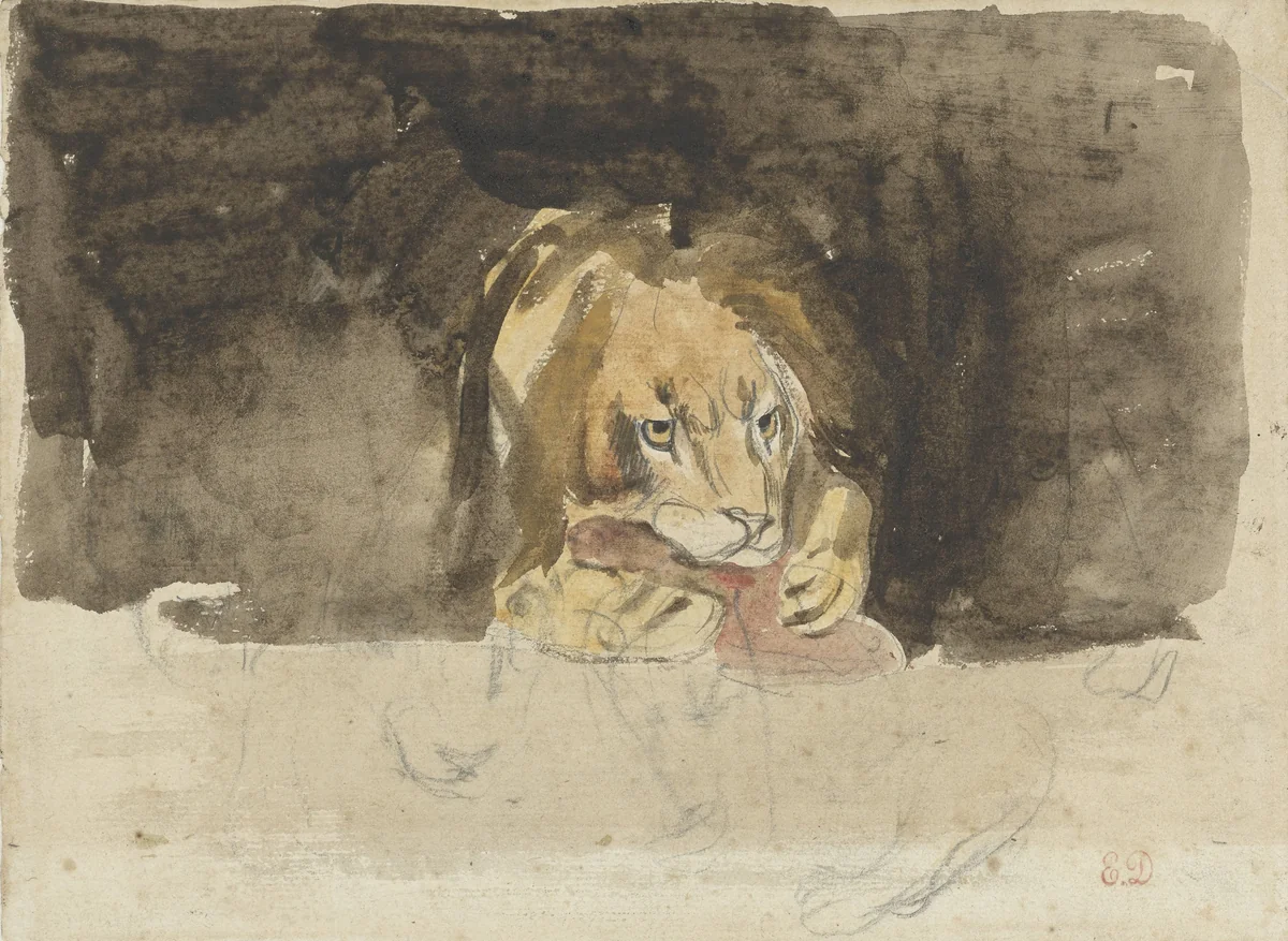 Vleesetende leeuw, van voren gezien, uitkomende tegen een donker fond by Eugène Delacroix, drawing, 1824-1829