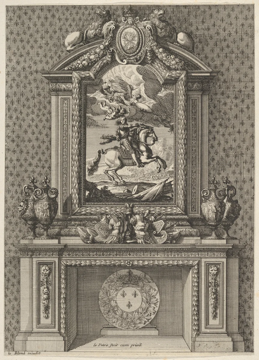 Chimney with a Painting of Louis XIV over the Mantle, from 'Grandes Cheminée' by Jean Le Pautre, print, 1644-1666