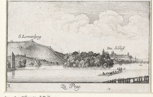Gezicht op Praag vanaf de Moldau by Wenceslaus Hollar, print, 1635