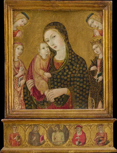 Madonna and Child with the Dead Christ, Saints Agnes and Catherine of Alexandria, and Two Angels by Sano di Pietro, painting, 1465-1475