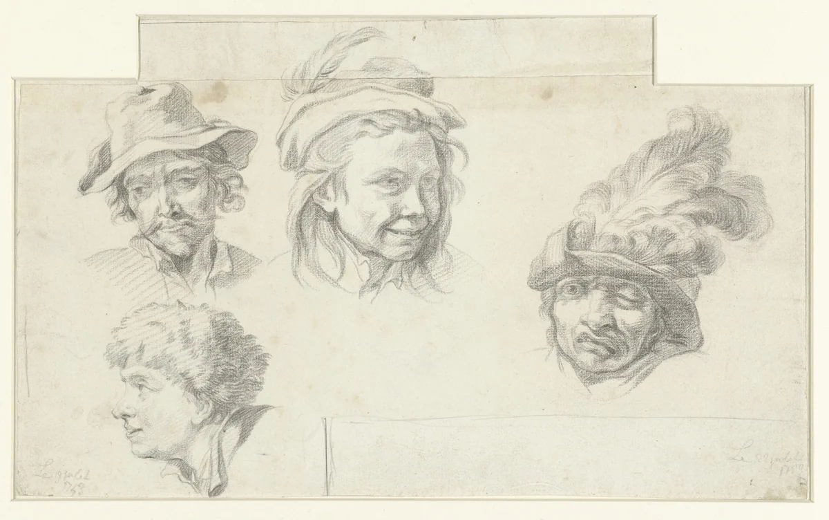 Studieblad met vier koppen by anonymous, drawing, 1759