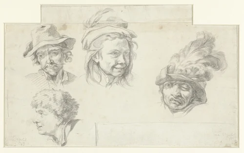 Studieblad met vier koppen by anonymous, drawing, 1759
