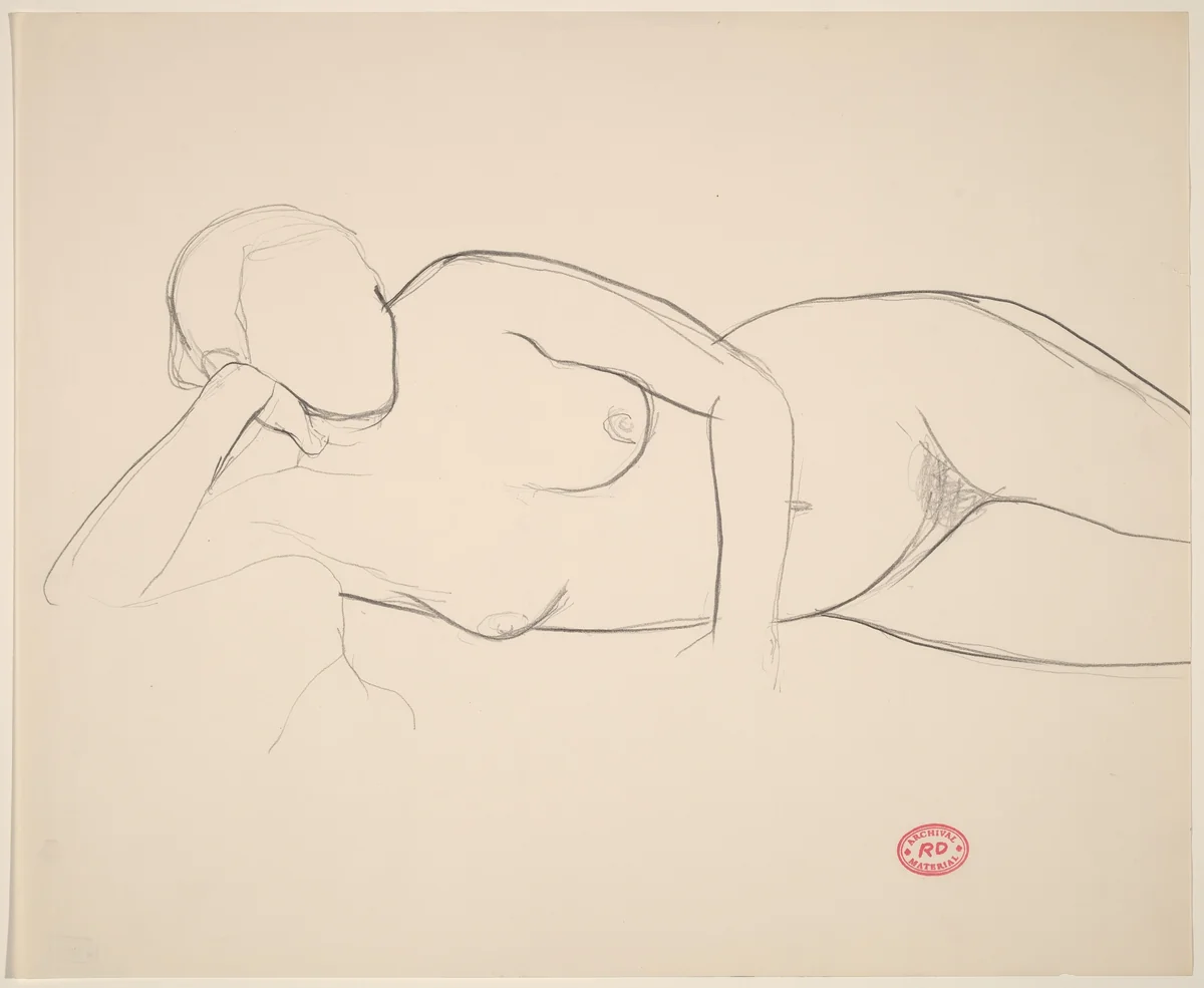 Untitled [reclining female nude resting on left arm] by Richard Diebenkorn, drawing, 1955-1967