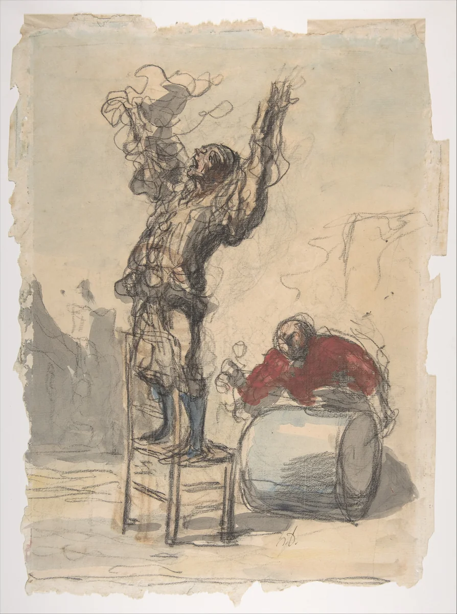 Street Show (Paillasse) (recto); a clown playing a drum (verso) by Honoré Daumier, drawing, 1825-1879
