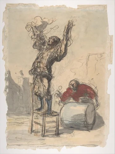 Street Show (Paillasse) (recto); a clown playing a drum (verso) by Honoré Daumier, drawing, 1825-1879