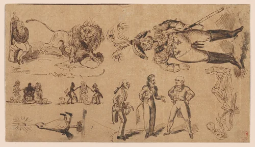 Political and Satirical Sketches, after Cruikshank by Eugène Delacroix, drawing, 1819-1821