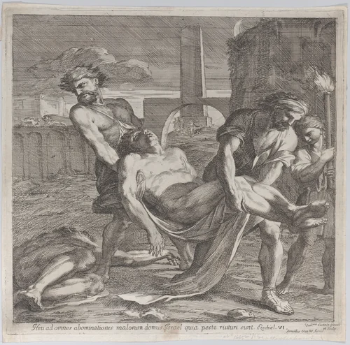 Abdon and Sennen carrying the early Christian martyrs off for burial by Guillaume Courtois, print, 1650-1660