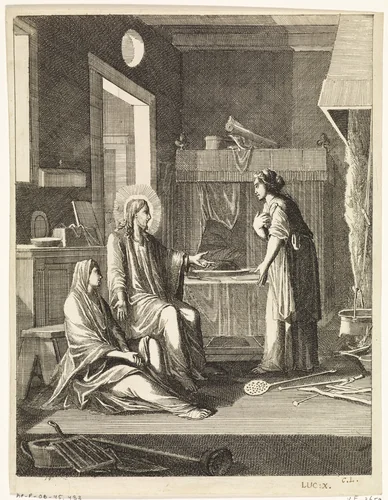 Christus in het huis van Marta en Maria by Caspar Luyken, print, 1708