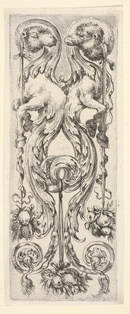 Two camels, their bodies turning into decorative leaves and scrollwork, from "Ornaments or Grotesques" (Ornamenti o Grottesche) by Stefano della Bella, print, 1650-1656