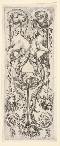 Two camels, their bodies turning into decorative leaves and scrollwork, from "Ornaments or Grotesques" (Ornamenti o Grottesche) by Stefano della Bella, print, 1650-1656
