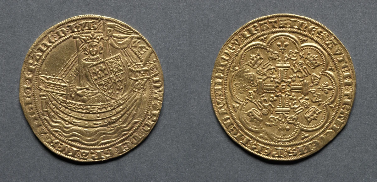 Noble: Edward III Standing in Ship with Shield of Arms (obverse); Ornamental Cross with Lis Terminals (reverse) by Unknown, metalwork, 1351