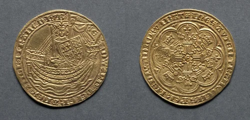 Noble: Edward III Standing in Ship with Shield of Arms (obverse); Ornamental Cross with Lis Terminals (reverse) by Unknown, metalwork, 1351
