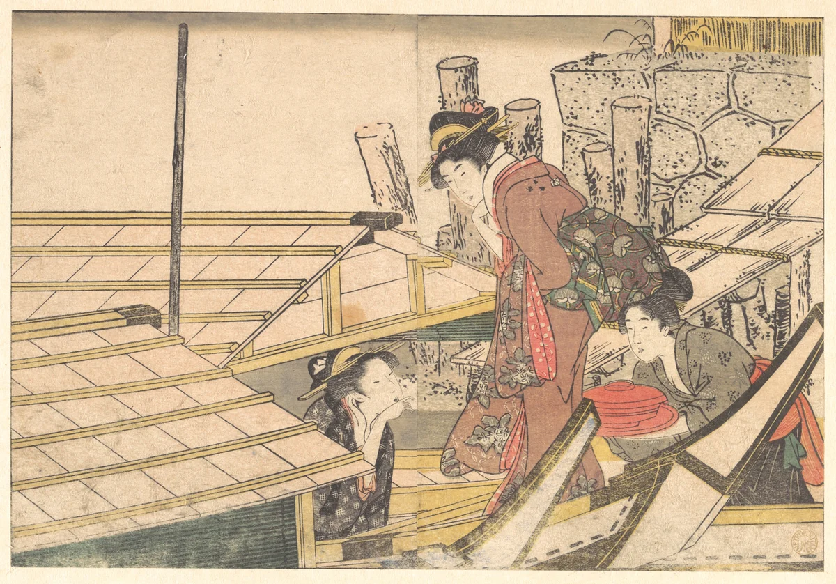 Girls Getting on Board a Boat, from the illustrated book Flowers of the Four Seasons by Kitagawa Utamaro (喜多川歌麿), print, 1801