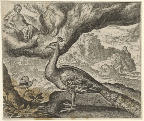 Fabel van de pauw en de nachtegaal by Aegidius Sadeler, print, 1608
