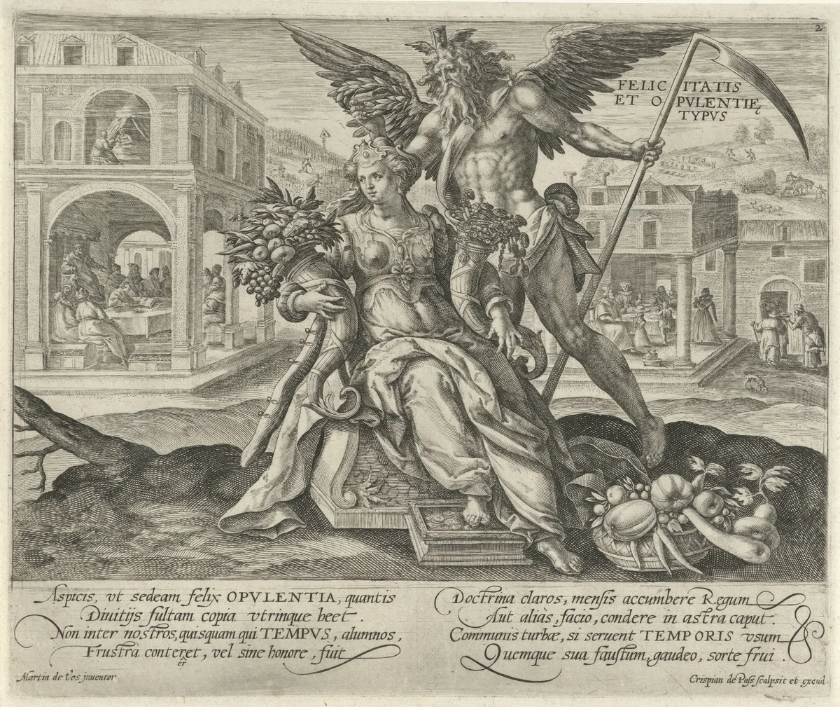 Landschap met Vader Tijd en personificatie van Geluk en Rijkdom by Unknown, print, 1589-1611