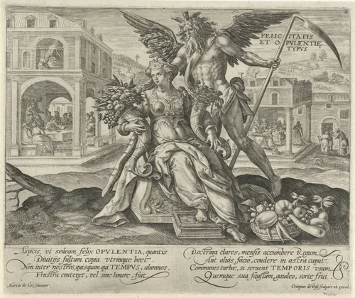 Landschap met Vader Tijd en personificatie van Geluk en Rijkdom by Unknown, print, 1589-1611